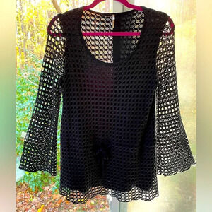 Pete S Black crocheted mini dress w/drawstring waist, bell sleeves, scoop neck.